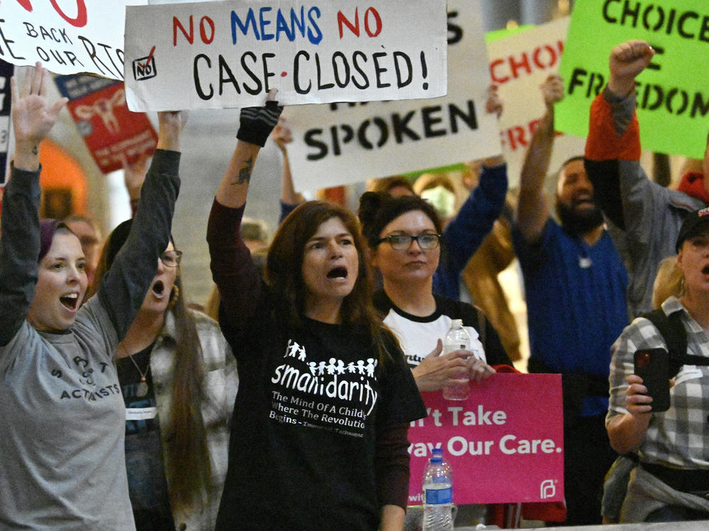 Protester outside the Kentucky Supreme Court chambers rally in favor of abortion rights as the Kentucky Supreme Court hears arguments whether to temporarily pause the state's abortion ban in Frankfort, Ky., Tuesday, Nov. 15, 2022.