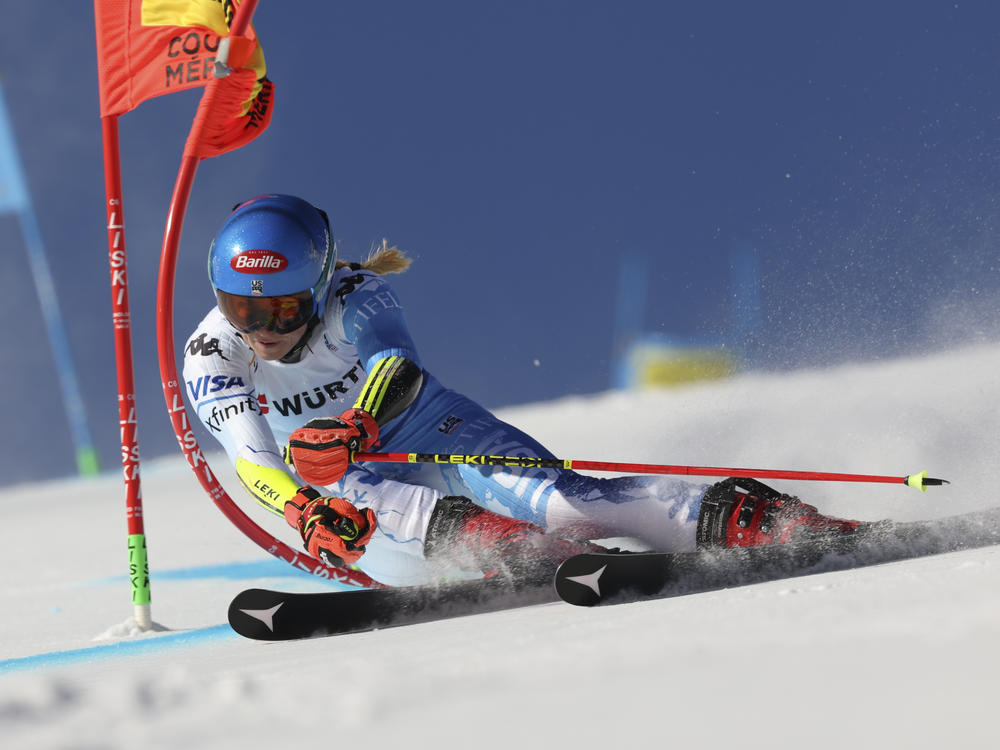 Mikaela Shiffrin speeds down the course during an alpine ski World Championships giant slalom in Meribel, France, on Thursday.
