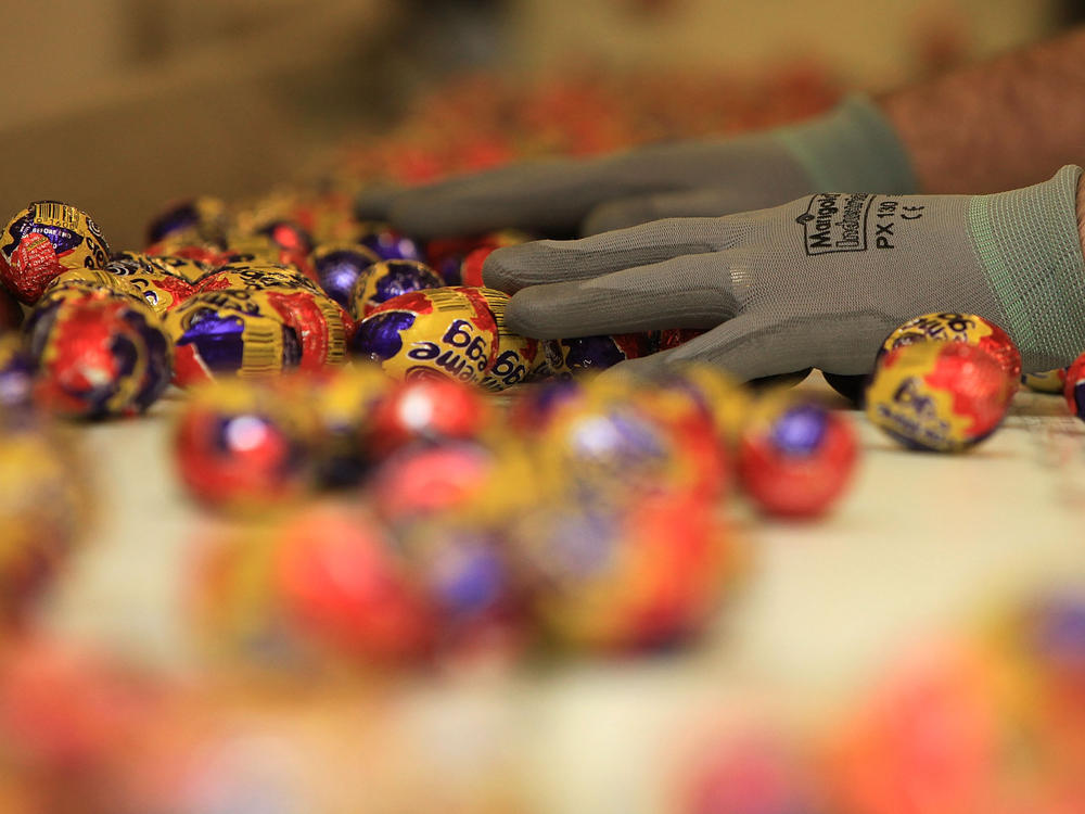 Cadbury's Creme Eggs move down the production line at the Cadbury's Bournville production plant on Dec. 15, 2009, in Birmingham, England.