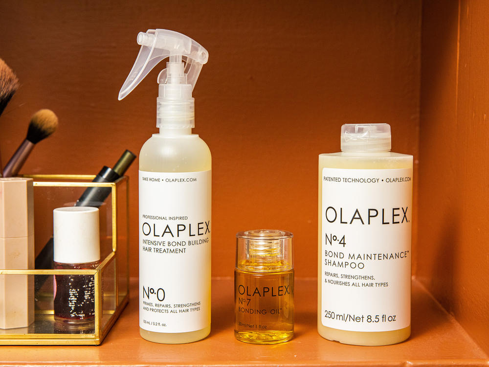 Bottles of Olaplex hair care products are arranged in Denver, on Dec. 8, 2022. A lawsuit claims Olaplex products contain allergens and irritants that cause hair loss and dry, brittle hair.