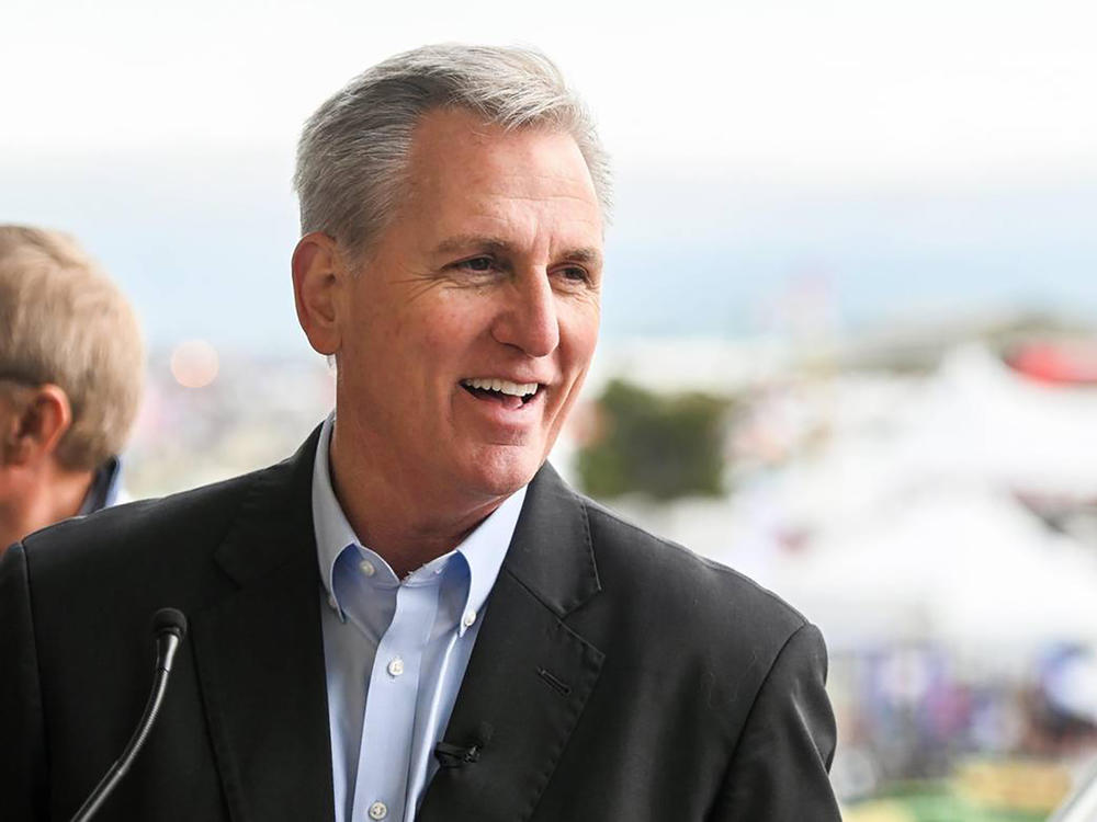 Speaker of the House Kevin McCarthy speaks to the media following the opening ceremonies at the World Ag Expo on Tuesday in Tulare, Calif.