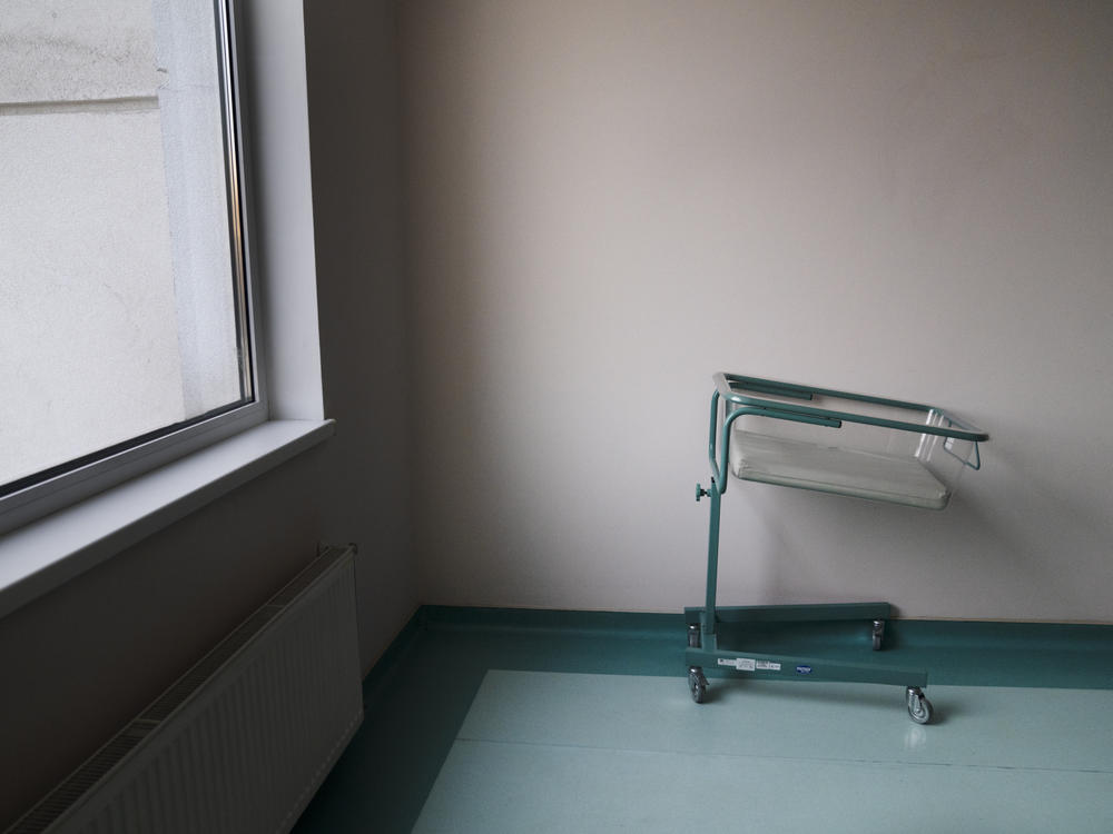 An empty baby cart in a maternity hospital in Kyiv, Ukraine.