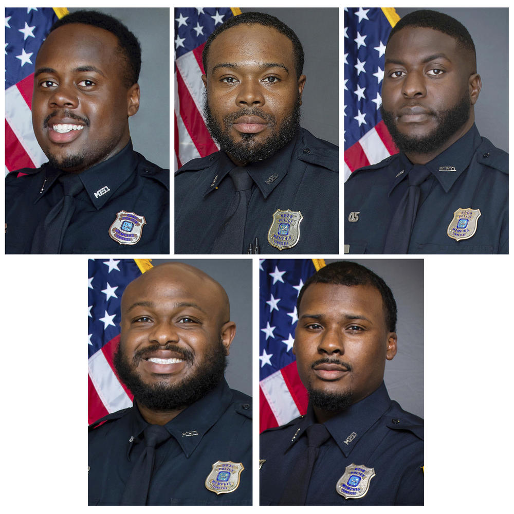 This combination of images provided by the Memphis Police Department shows (top row from left) officers Tadarrius Bean, Demetrius Haley, Emmitt Martin III (bottom row from left) Desmond Mills Jr. and Justin Smith.