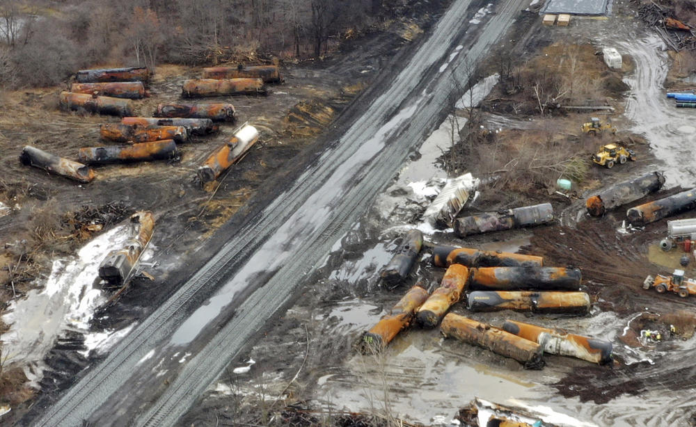This photo taken with a drone on Feb. 9 shows the continuing cleanup of portions of a Norfolk Southern freight train that derailed in East Palestine, Ohio.