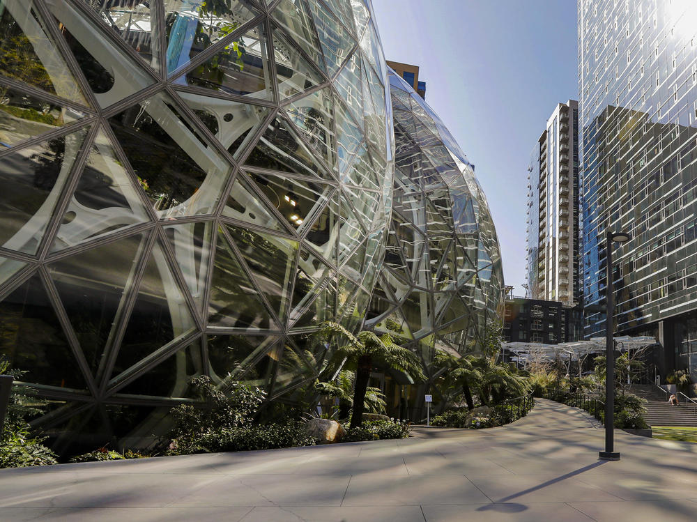 Amazon CEO Andy Jassy said corporate employees will be required to return to the office at least three days a week. Here, the Amazon campus outside the company headquarter in Seattle is pictured in March 2020.