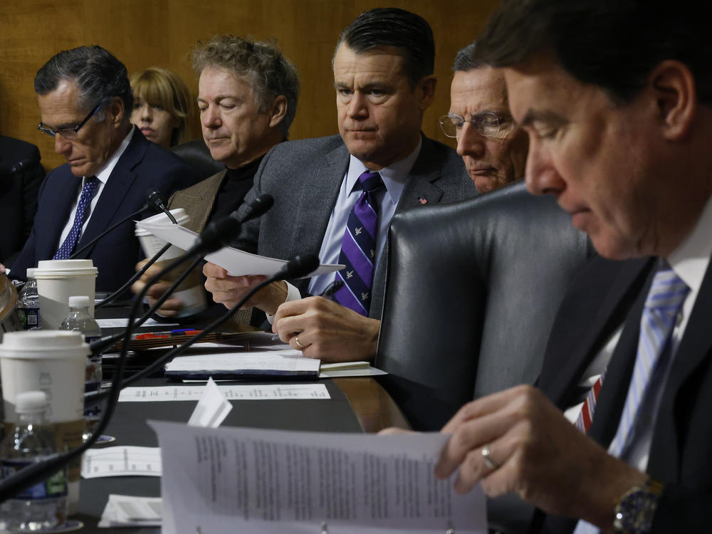Republican senators on the Senate Foreign Relations Committee listen to witnesses testify about U.S. support for the the war in Ukraine at a hearing on Jan. 26.