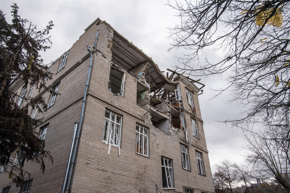 A building damaged by a strike in Kherson, Ukraine.