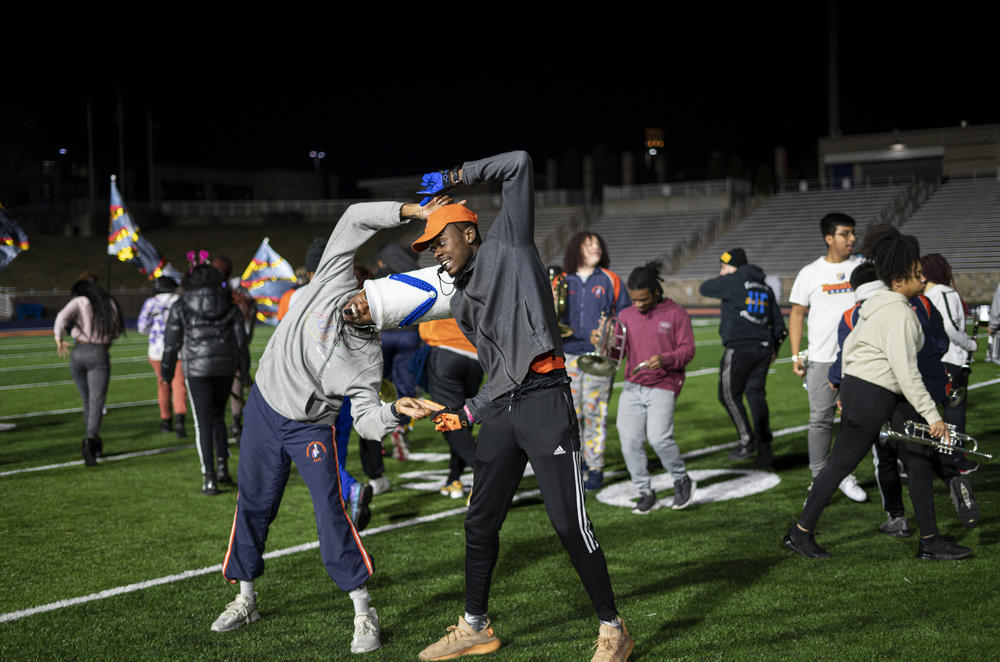 Tory James (R) practices before heading to Alabama for the Battle of the Bands.