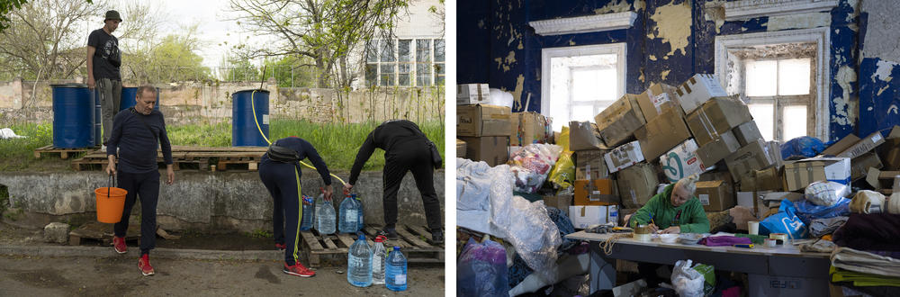 <strong>Left:</strong> People get water to take home since the water is out in Mykolaiv in May. <strong>Right:</strong> Aid is collected and distributed from what was previously an arts space before the war began in Mykolaiv in May.
