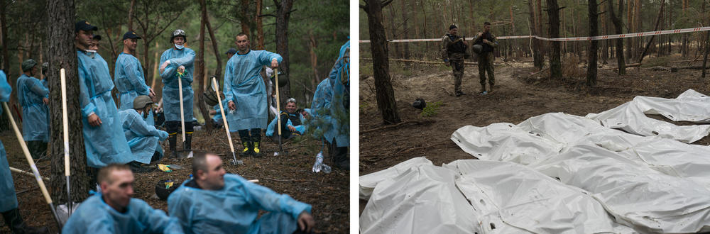 <strong>Left:</strong> Ukrainian investigators gather while they exhume bodies from a mass grave site in Izium in September. <strong>Right:</strong> Soldiers stand over the exhumed bodies that are lined up in rows in body bags.