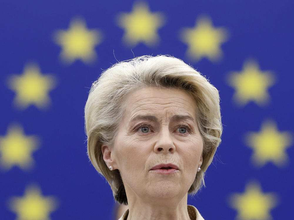 European Commission President Ursula von der Leyen speaks during a session on one year after Russia's invasion of Ukraine, Wednesday, Feb. 15, 2023 at the European Parliament in Strasbourg, eastern France.