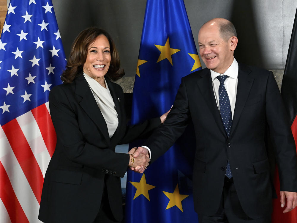 US Vice President Kamala Harris, left, and German Chancellor Olaf Scholz, right, shake hands prior to a bilateral meeting at the Munich Security Conference in Munich, Germany, Friday, Feb. 17, 2023. The 59th Munich Security Conference (MSC) takes place from Feb. 17 to Feb. 19, 2023 at the Bayerischer Hof Hotel in Munich.