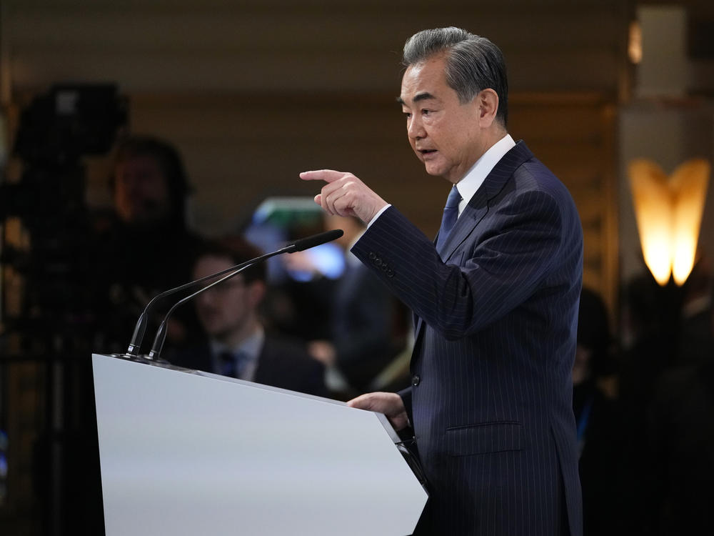 China's Director of the Office of the Central Foreign Affairs Commission Wang Yi speaks at the Munich Security Conference in Munich, Saturday, Feb. 18, 2023. The 59th Munich Security Conference (MSC) is taking place from Feb. 17 to Feb. 19, 2023 at the Bayerischer Hof Hotel in Munich.