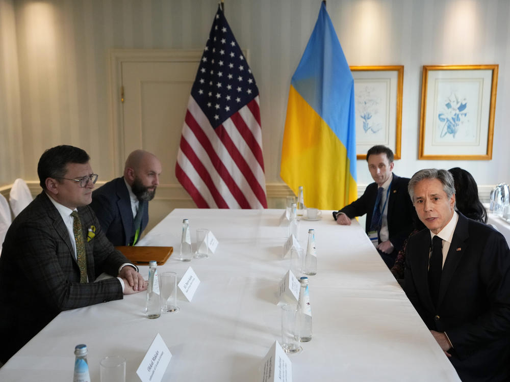 United States Secretary of State Antony Blinken, right, meets with Ukrainian Foreign Minister Dmytro Kuleba, left, at the Munich Security Conference in Munich, Saturday, Feb. 18, 2023. The 59th Munich Security Conference (MSC) is taking place from Feb. 17 to Feb. 19, 2023 at the Bayerischer Hof Hotel in Munich.