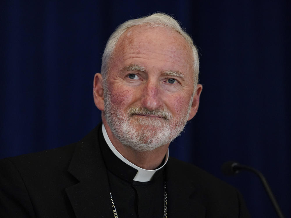 Bishop David O'Connell, seen above at a meeting of the United States Conference of Catholic Bishops in 2021, is being remembered as a peacemaker and 