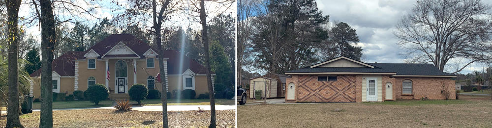 (Left photo) Despite more modest beginnings in Bamberg, S.C., Nikki Haley's parents eventually moved into this larger home, which they sold in 2002, according to local property records. (Right photo) This modest home in Bamberg, S.C., is featured prominently in Nikki Haley's presidential campaign launch video.