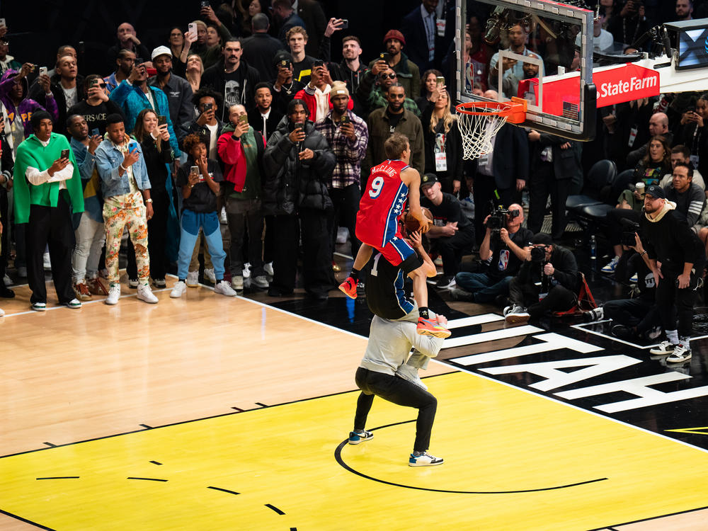 Mac McClung dunks the ball during the AT&T Slam Dunk Contest as part of 2023 NBA All-Star Weekend on Saturday.