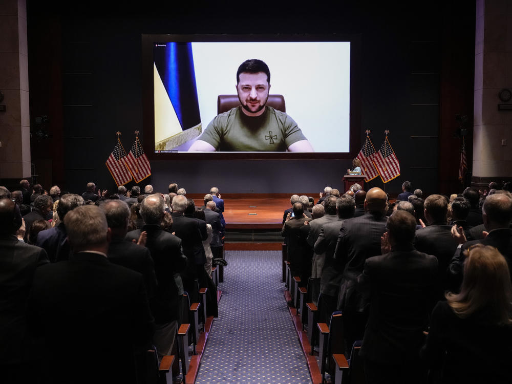Ukrainian President Volodymyr Zelenskyy delivers a virtual address to Congress at the U.S. Capitol on March 16, 2022, less than a month after Russia's invasion of Ukraine.