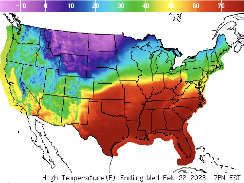 A map showing high temperatures for Wednesday reveals the anomalies of the late February weather pattern, with forecasters predicting record highs and record lows this week.