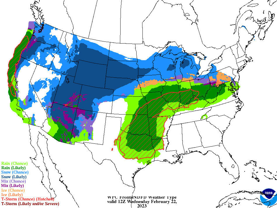 The National Weather Service forecast map for Wednesday calls for a massive winter storm to drop heavy snow on many U.S. states. This image shows only a portion of a storm's <a href=