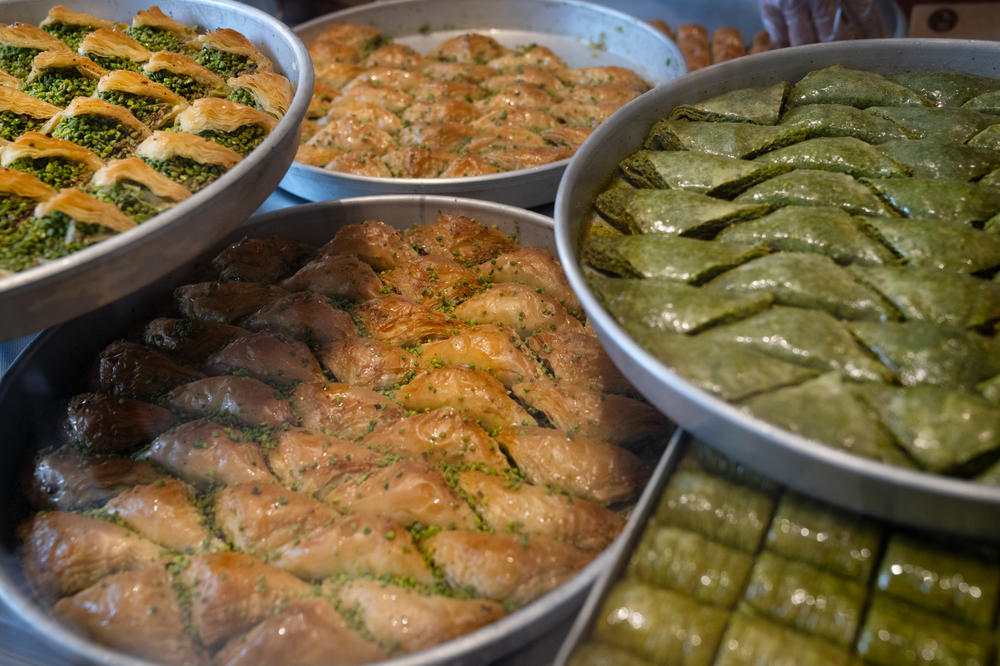 Pans of baklava are on display at Imam Cagdas.