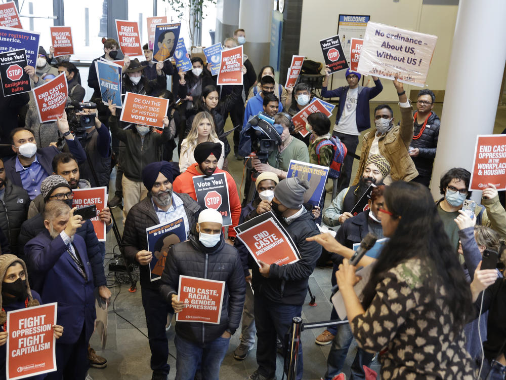 Seattle Councilmember Kshama Sawant speaks to supporters and opponents a of a proposed ordinance to add caste to Seattle's anti-discrimination laws rally at Seattle City Hall, Tuesday, Feb. 21, 2023.