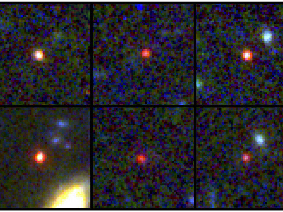 These images provided by NASA and the European Space Agency show six candidate massive galaxies, seen 500 million to 800 million years after the Big Bang.