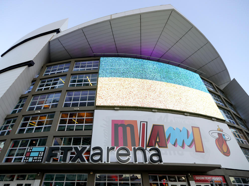 An exterior view of what was then known as FTX Arena before an NBA baskeball game in Miami on Nov. 14, 2022. Before its collapse, FTX had hired celebrities such as former quarterback Tom Brady to pitch the exchange and for a while acquired the naming rights of the Miami-Dade Arena.