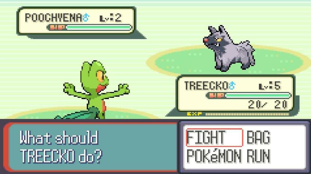 Treecko battles in <em>Pokémon Ruby</em>.