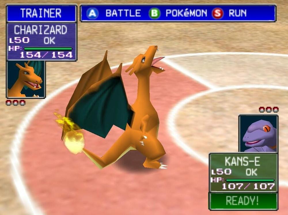 Charizard strikes an impressive pose in <em>Pokémon Stadium</em>.