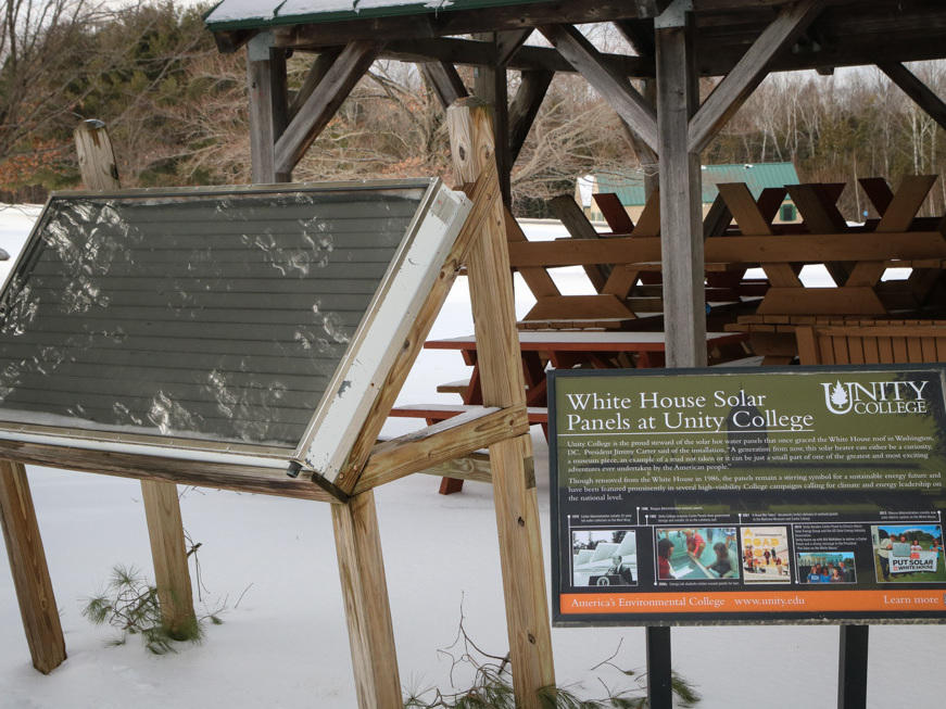 A solar panel that once sat atop the White House is on display at Unity College in Central Maine. A marker commemorates it's historical significance.