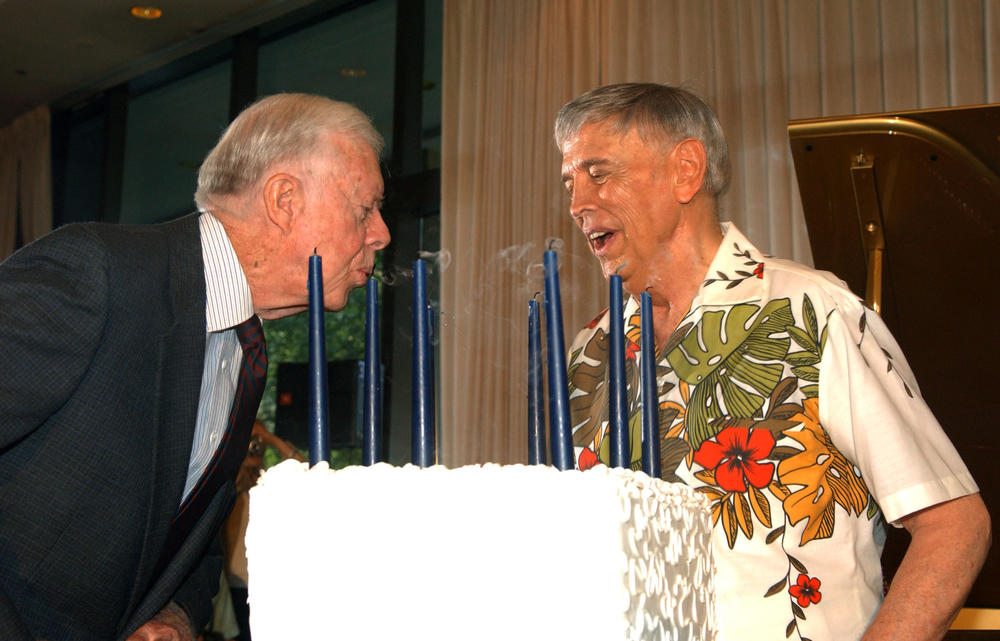 Former President Jimmy Carter with pianist Roger Williams celebrate their 80th birthdays together at the Jimmy Carter Presidential Library and Museum in Atlanta, Ga.