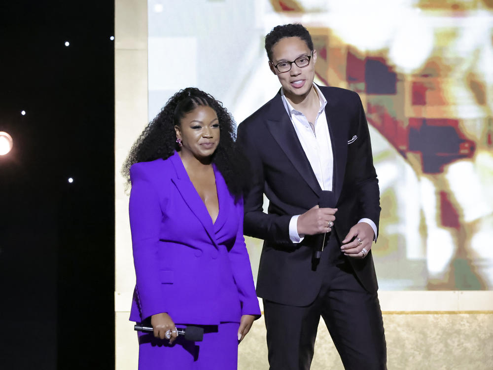 Cherelle Griner, on the left, and Brittney Griner, on the right, speak onstage during the 54th NAACP Image Awards in Pasadena, Calif., on Saturday.