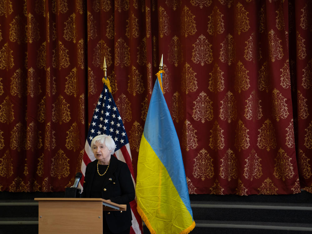 Treasury Secretary Janet Yellen speaks at a school in Kyiv, Ukraine, on Monday.