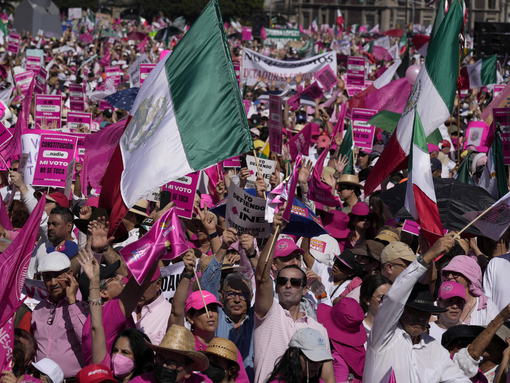 Anti-government demonstrators protest against recent reforms pushed by President Andres Manuel Lopez Obrador to the country's electoral law that they say threaten democracy, in Mexico City's main square, The Zocalo, Sunday, Feb. 26, 2023.