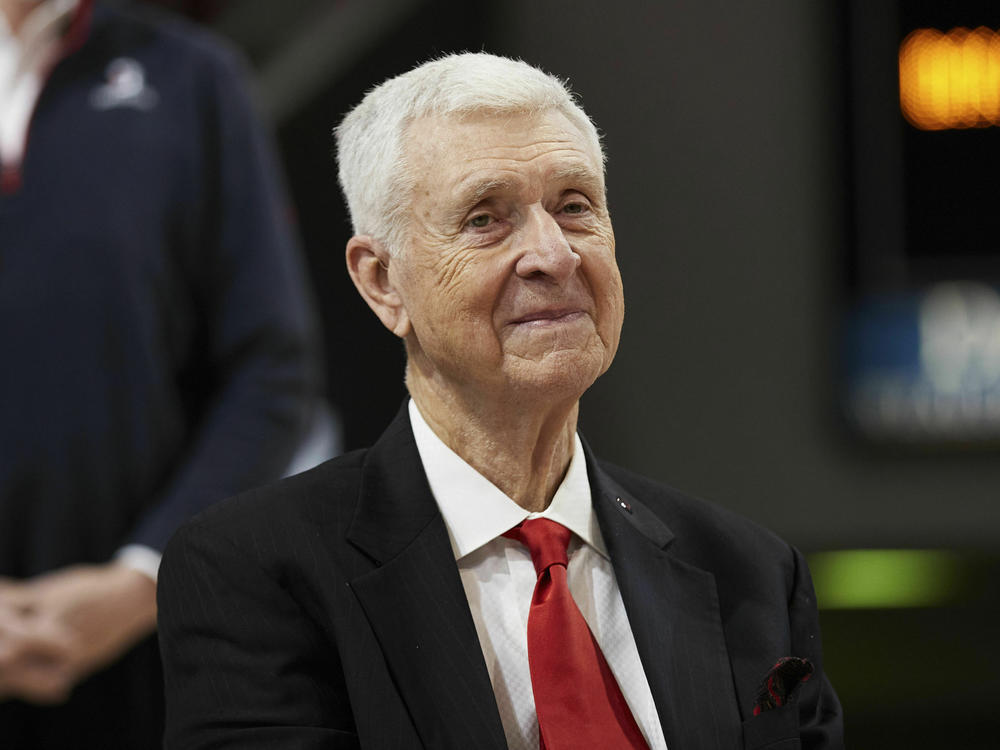 Former Davidson basketball player, coach and athletic director and former Virginia coach Terry Holland is pictured during a ceremony to retire his jersey in January 2022 in Davidson, N.C.