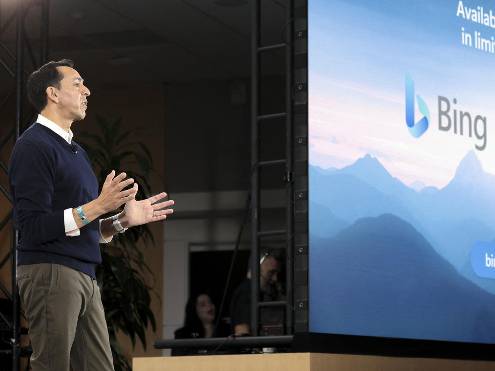 Yusuf Mehdi, Microsoft corporate vice president of modern Llife, search, and devices speaks during an event introducing a new AI-powered Microsoft Bing and Edge at Microsoft in Redmond, Wash., earlier this month.