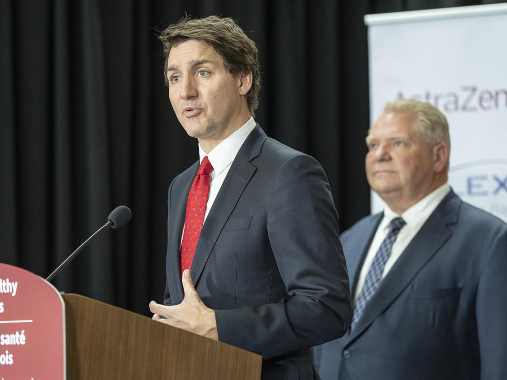 Canadian Prime Minister Justin Trudeau answers questions at an announcement in Mississauga, Ontario, Monday, Feb. 27, 2023.