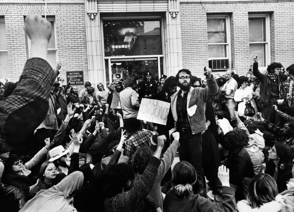 Protesters against the United States' participation in the Vietnam War are seen outside the national headquarters of the Selective Service System, which oversees the draft, on May 3, 1971, in Washington, D.C.