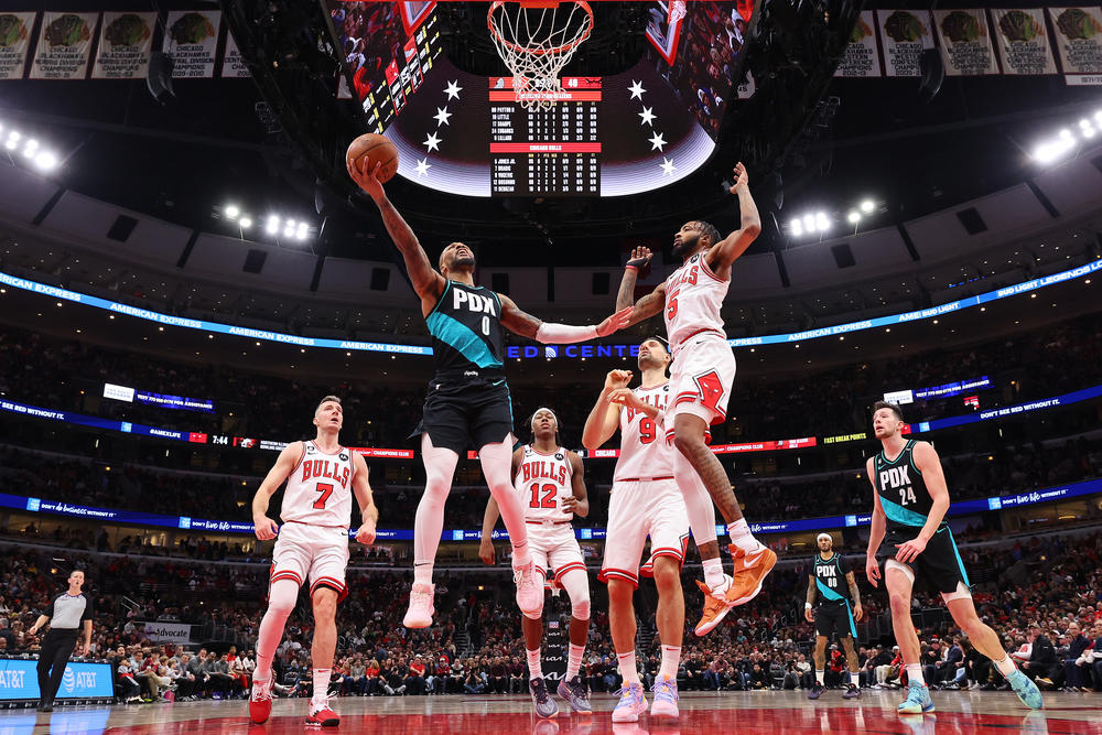 Damian Lillard #0 of the Portland Trail Blazers goes up for a layup against the Chicago Bulls during the first half at United Center on February 04, 2023 in Chicago, Illinois.