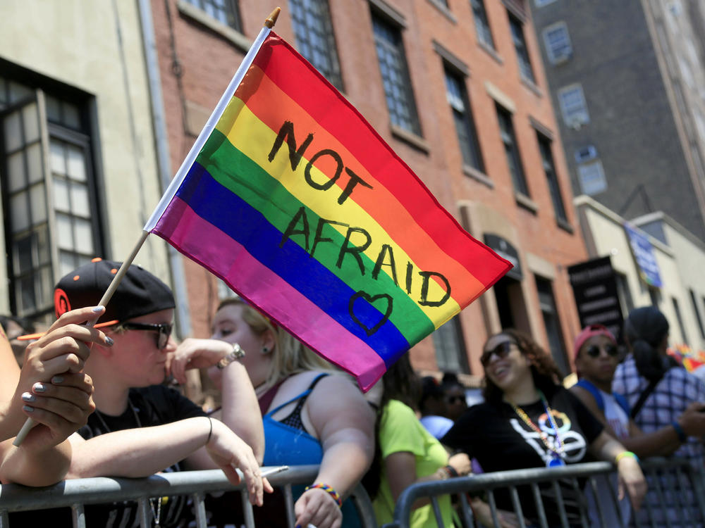 In this June 26, 2016, file photo, a woman holds a rainbow flag during the NYC Pride Parade in New York.