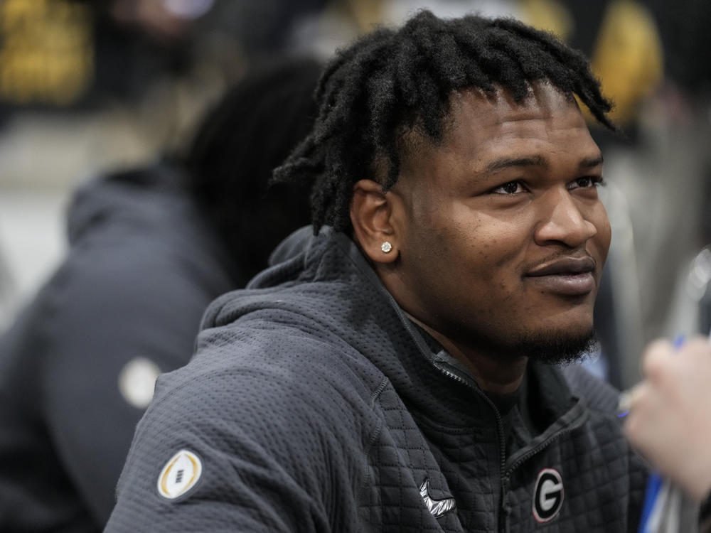 Georgia defensive lineman Jalen Carter speaks during media day ahead of the national championship NCAA College Football Playoff game on Jan. 7 in Los Angeles. He has been charged with reckless driving and racing in conjunction with the crash that killed offensive lineman Devin Willock and a recruiting staff member.