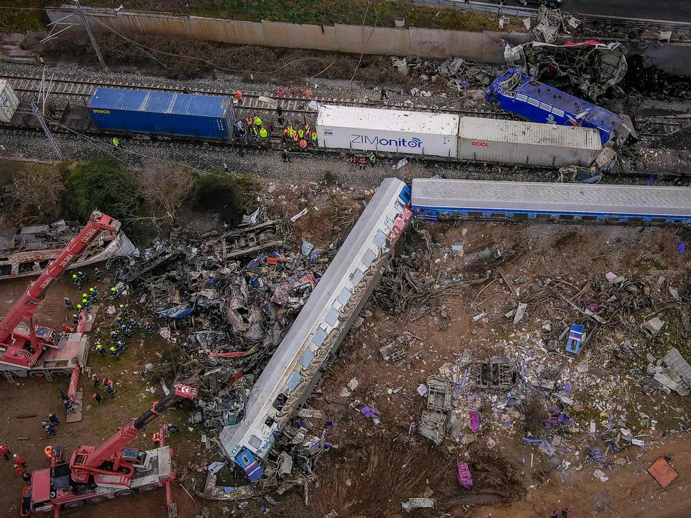 Emergency crews continue to search through the wreckage after a train accident in the Tempe Valley near Larissa, Greece on Tuesday evening. At least 43 people were killed.