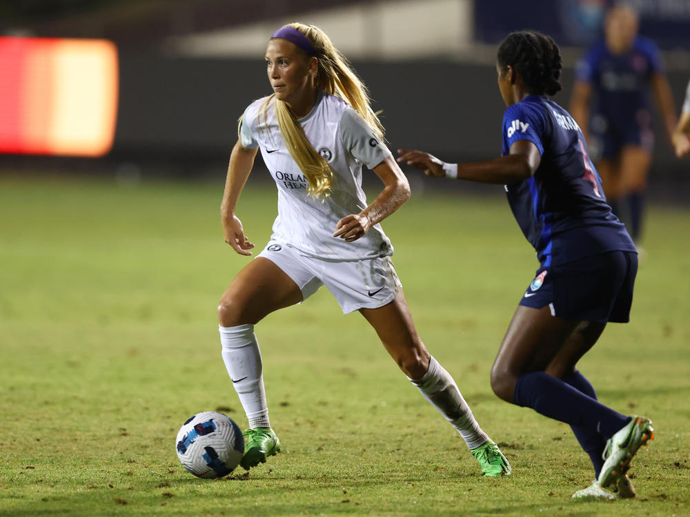 Mikayla Cluff (left) of the Orlando Pride defends Naomi Girma of the San Diego Wave FC during an Aug. 13, 2022, game in San Diego, Calif. The Pride's uniforms will be looking different this season after the team ditched players' white shorts.