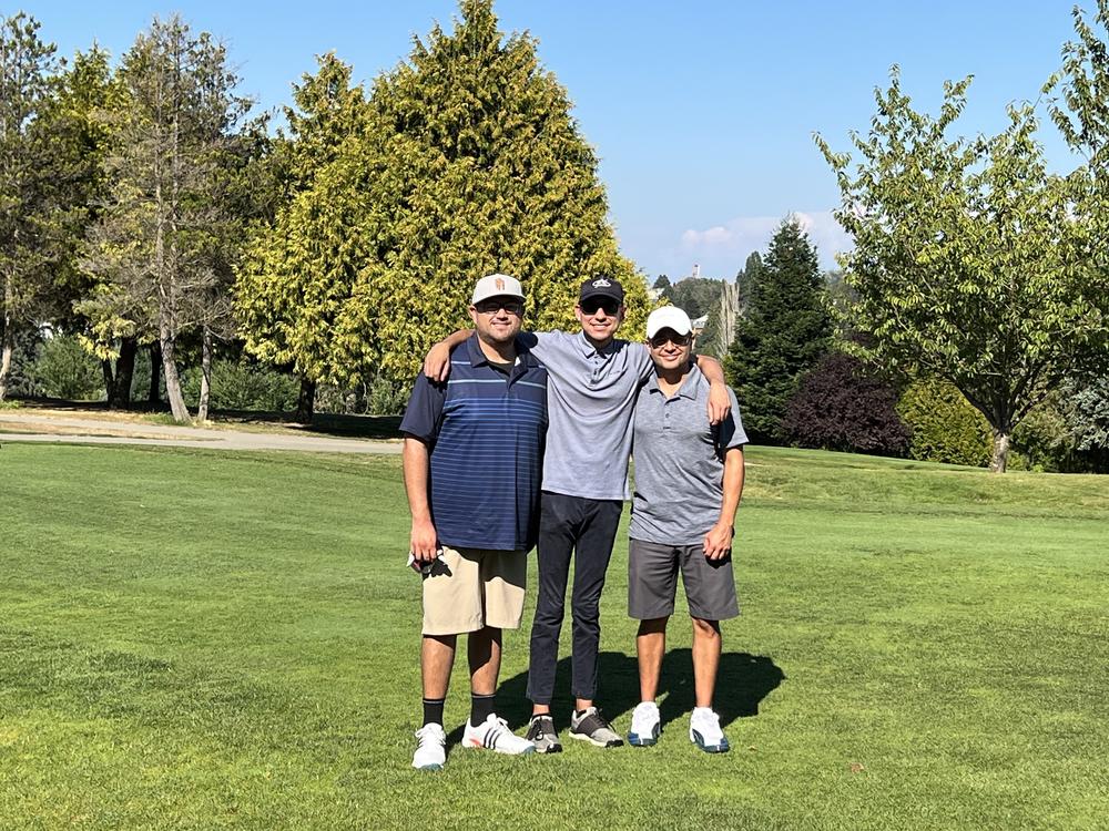 Gus Contreras (center) on a recent golf trip to Seattle with Mexican American friends Richard Pedregon (left) and Oscar Padilla (right).