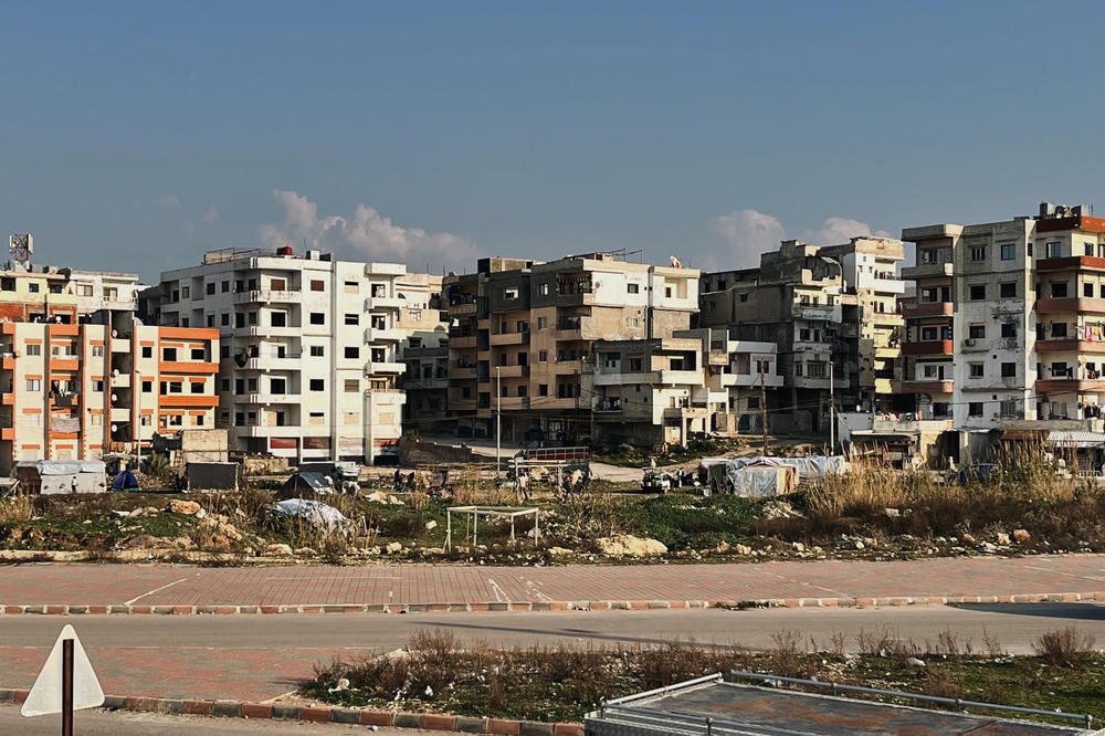 Families left homeless by the earthquakes sleep in makeshift tents in an open field in the city of Jableh. Nightfall in the city is dark without electricity and the weather is near-freezing in the evening.