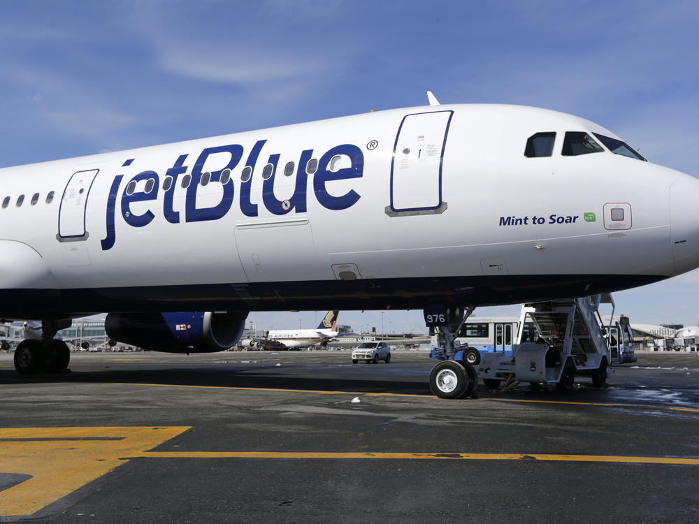 A JetBlue airplane is shown at John F. Kennedy International Airport in New York, March 16, 2017.