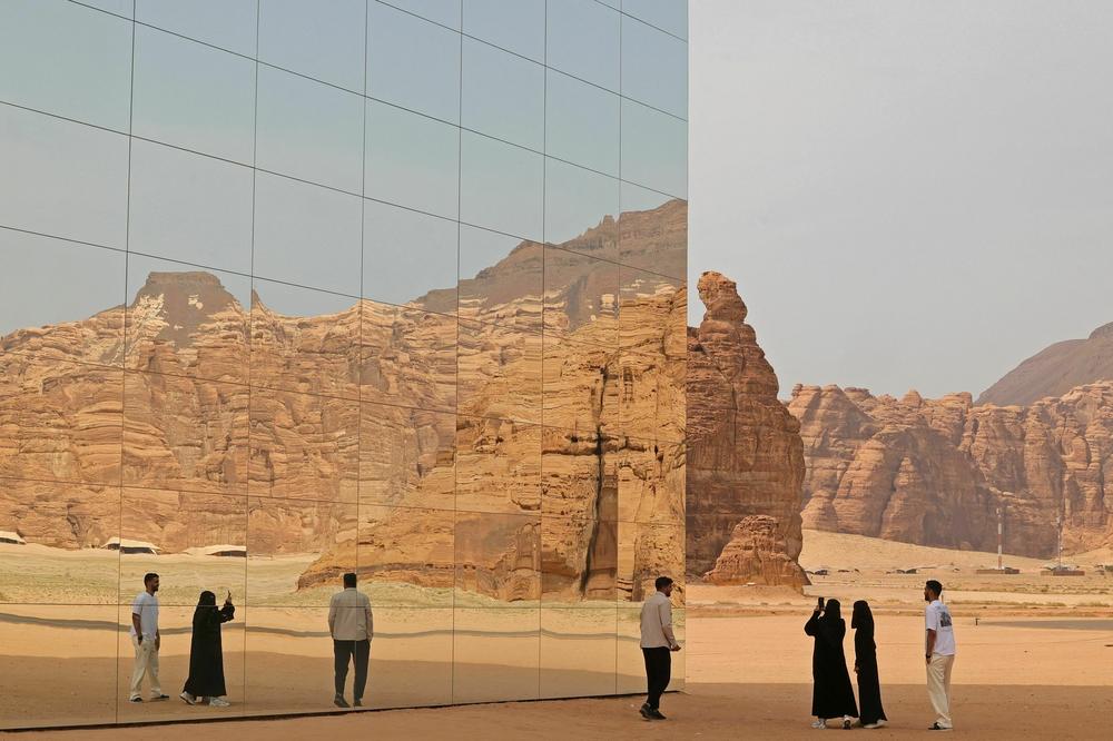A view shows the Maraya concert hall, the world's largest mirrored building, in the ruins of Al-Ula, a UNESCO World Heritage site in northwestern Saudi Arabia, on February 19, 2023, where an exhibition showing works by the late US artist Andy Warhol is taking place until May 16 of this year.
