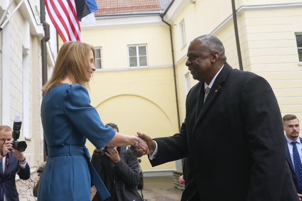 Estonian Prime Minister Kaja Kallas shakes hands with U.S. Defense Secretary Lloyd Austin at her government's Stenbock House in Tallinn, Estonia, Feb. 16. Throughout the Ukraine war, the Biden administration has sought to reassure the Baltic countries of the steadfast U.S. commitment to defend them.