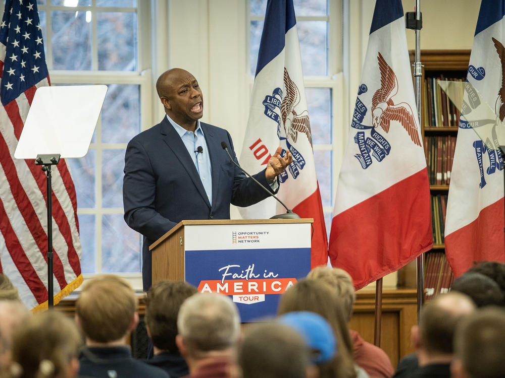 Republican Sen. Tim Scott of South Carolina speaks during a Faith in America tour event at Drake University in Des Moines, Iowa, on Feb. 22.